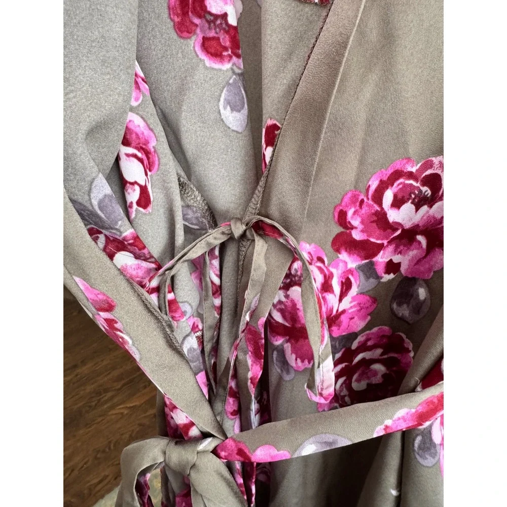 NWT Splendid Floral Satin Robe Long Pink Roses Taupe Olive Green NWT L XL